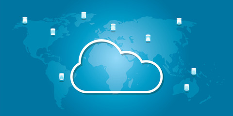 cloud storage icons on world maps with database