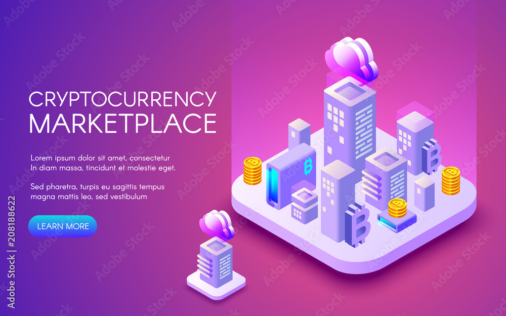 Poster cryptocurrency marketplace vector illustration of bitcoin mining farm in smart city vector for block
