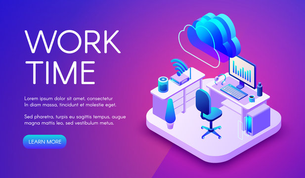 Work and cloud internet vector illustration of smart office or workplace with router connection. Cloud and wireless technology communication in computer or smartphone on purple ultra violet background