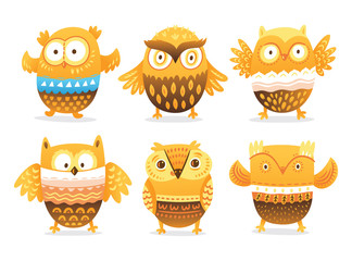Funny owls collection in cartoon style. Vector illustration
