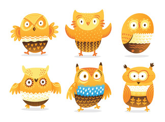 Funny owls collection in cartoon style. Vector illustration