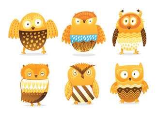 Owls. Cute birds vector character set isolated on white