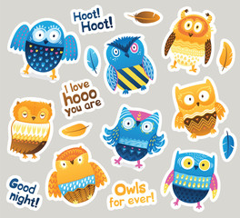 Stickers designs with blue and orange owls and messages. Vector illustration
