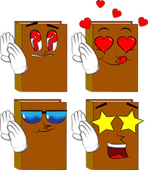 Books holds both hand at his ear, listening. Cartoon book collection with various faces. Expressions vector set.
