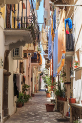 Lipari,  main city on one of Aeolian islands near Sicily in Tyrrhenian Sea. A typical narrow street in  Italian south