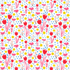 Vector floral pattern in doodle style with flowers and leaves. Gentle, floral background.