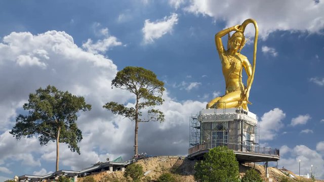 The large gold statue of Phra Mae Thorani is built on the belief of Southeast Asia in Thailand. timelapse