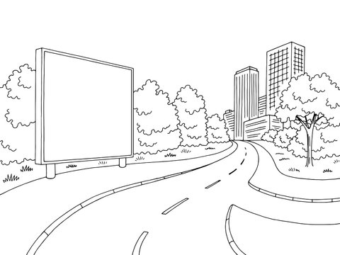 Street road graphic black white billboard city landscape sketch illustration vector