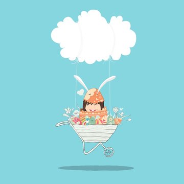 Cartoon girl rabbit happy easter swinging on a cloud with eggs, drawing by hand vector, drawing by hand vector and digital illustration created without reference image.