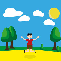 boy in the nature/The boy rejoices at the fact that for the summer. The child is biting, having fun. The child is on vacation. The background of the tree, grass, sand. 