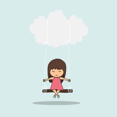 Cartoon girl swinging on a cloud, vector illustration