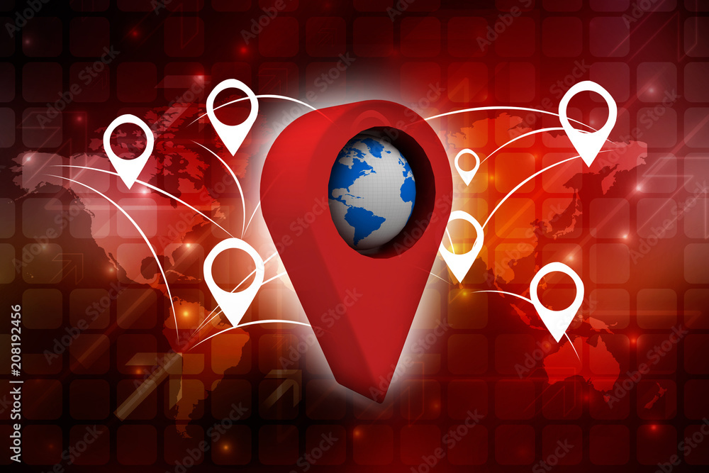 Fototapete 3d rendering red map pointer with world map