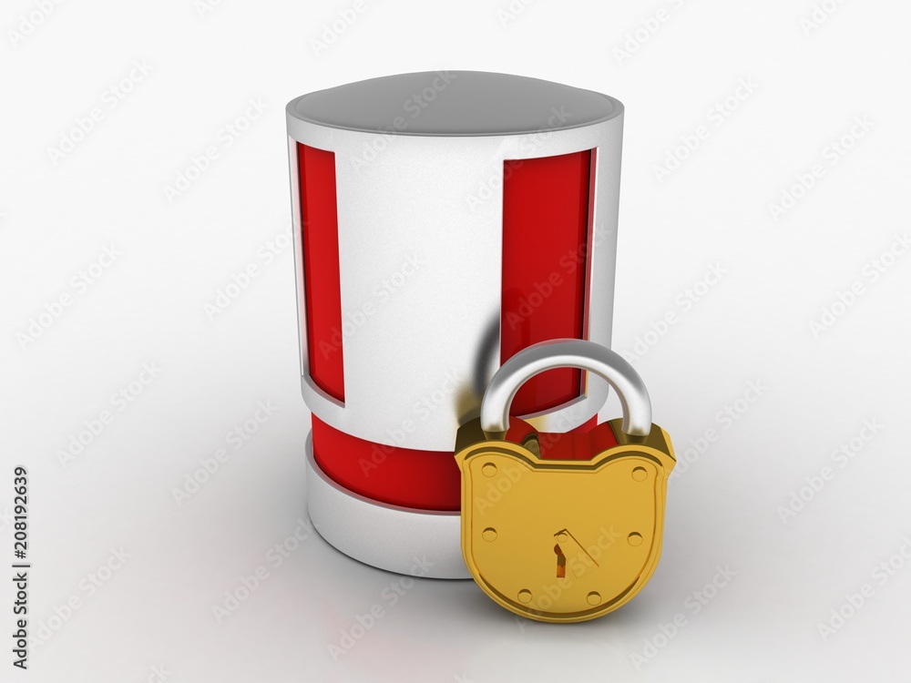 Poster 3d illustration database storage security concept. disk with lock