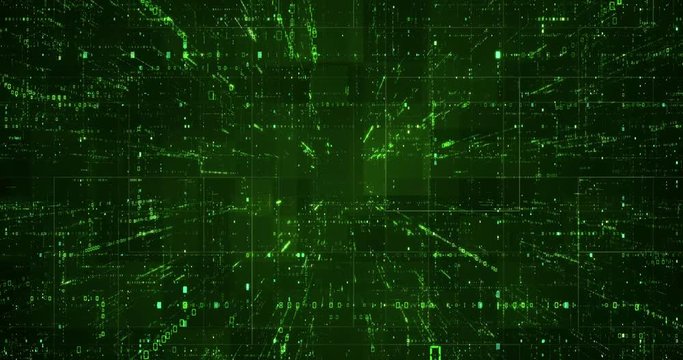 Digital binary code background loop - Fly through abstract 3D rendering of a scientific technology data binary code network conveying connectivity, complexity and data flood of modern digital age