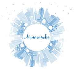 Outline Minneapolis Minnesota USA Skyline with Blue Buildings and Copy Space.