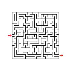 Black square maze with entrance and exit. A game for children and adults. Simple flat vector illustration isolated on white background.