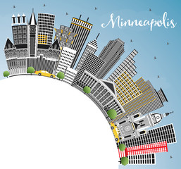 Minneapolis Minnesota Skyline with Color Buildings, Blue Sky and Copy Space.