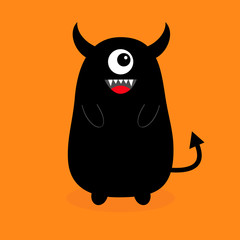 Monster black silhouette. Fang tooth. Open mouth. One eye, teeth, tongue, hands, tail, horns. Funny Cute cartoon baby character. Happy Halloween. Flat design. Orange background. Isolated.