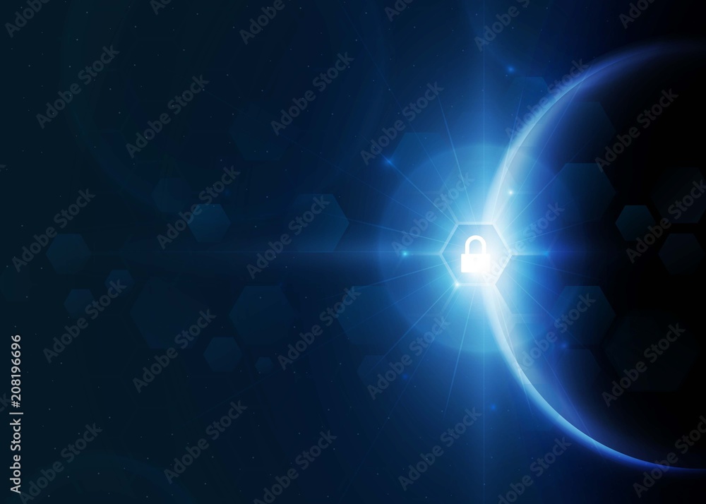 Wall mural security global network with sunrise and technology network background. vector illustration