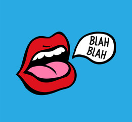 Pop art vector speaking red lips. Tongue sticking out