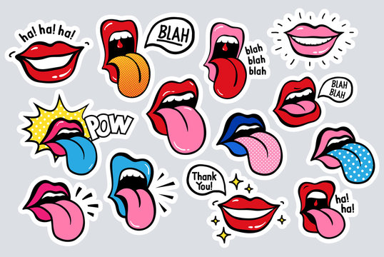 Youth lips stickers, patches in 70 s 80 s, pop art