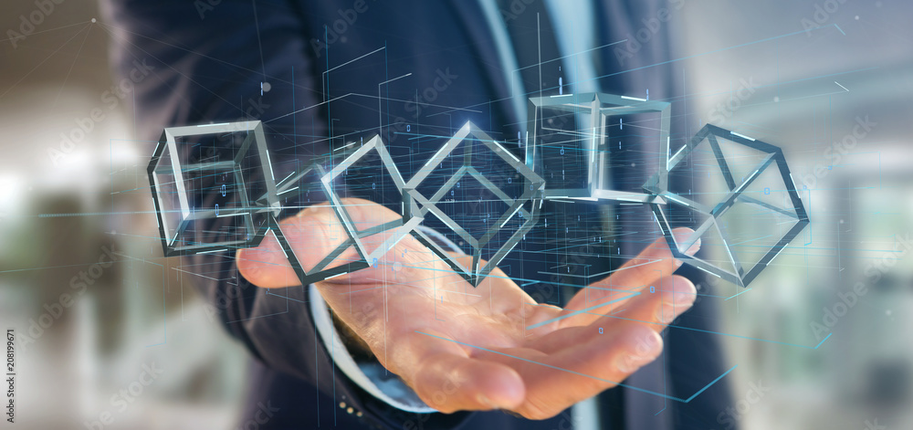 Poster businessman holding a 3d rendering blockchain cube isolated on a background