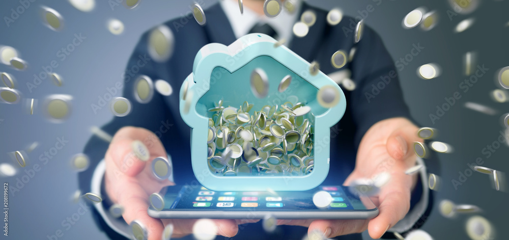 Poster man holding a house moneybox with coin surrounding all over 3d rendering