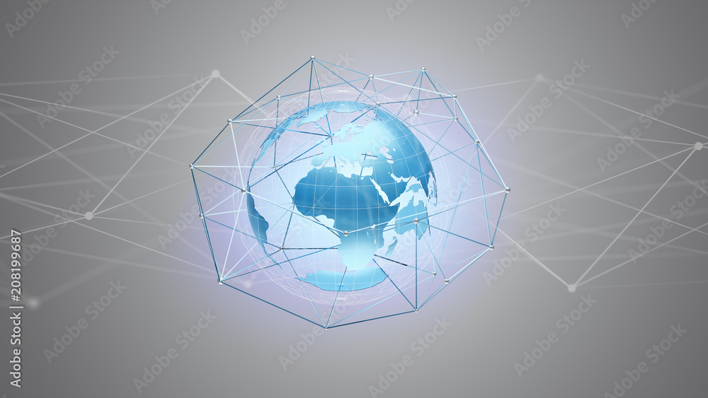 Poster connected network over a earth globe concept on a futuristic interface - 3d rendering