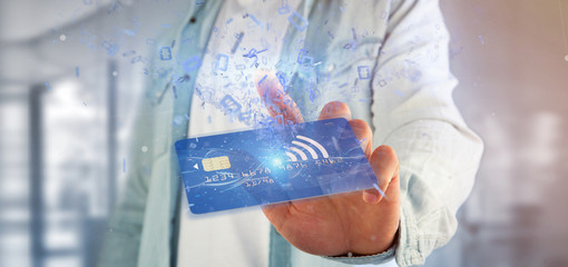 Man holding a contactless credit card payment concept 3d rendering