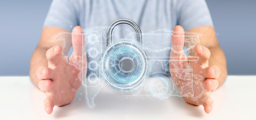 Man holding a padlock security technology interface 3d rendering