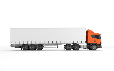 Logistics concept. Cargo truck transporting goods moving from left to right isolated on white background. Side view. 3D illustration