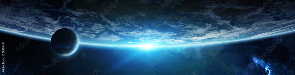 Poster Panorama of distant planet system in space 3D rendering elements of this image furnished by NASA