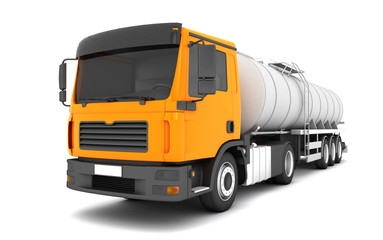 Logistics concept. Fuel truck moving from right to left isolated on white background. Front side view. 3D illustration