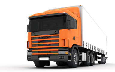 Fototapeta premium Logistics concept. Cargo truck transporting goods moving from right to left isolated on white background. Front perspective view. 3D illustration