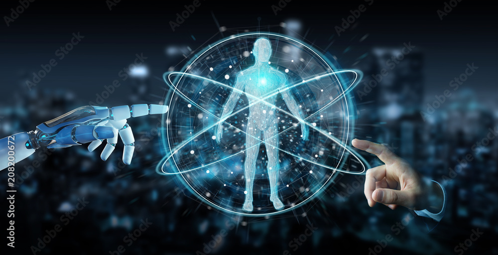 Aufkleber white robot hand scanning human body 3d rendering
