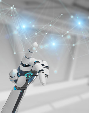 White robot hand using digital network connection 3D rendering