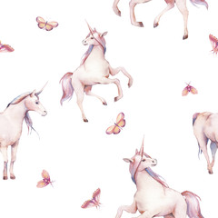 Watercolor unicorn seamless pattern. Hand painted fairytale animal texture on white background. Cartoon pony wallpaper design