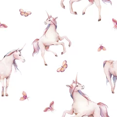 Fotobehang Eenhoorn Aquarel eenhoorn naadloze patroon. Handgeschilderde sprookjesachtige dierlijke textuur op witte achtergrond. Cartoon pony behangontwerp