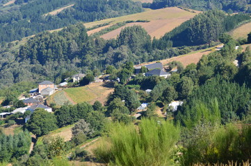 Fototapeta na wymiar View Of The Village Of Rebedul From The Top Of The Meadows Of The Mountains Of Galicia. Travel Flowers Nature. August 18, 2016. Rebedul, Becerrea Lugo Galicia Spain.