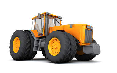 Orange wheel harvesting tracktor moving from left to right isolated on white background. 3D illustration. Front side view. Perspective