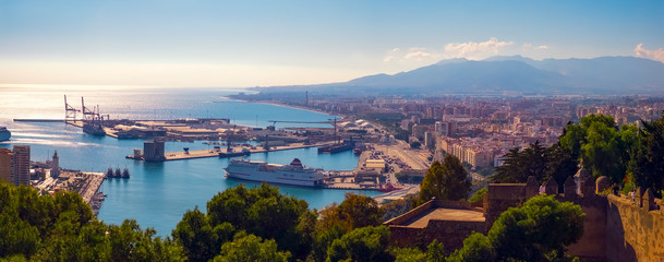 Panoramic view on Malaga city and antique castle Castillo de Gibralfaro, Malaga city, Spain.