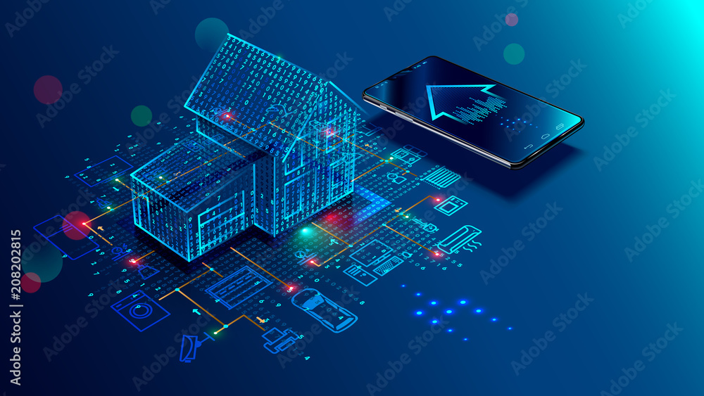 Poster IOT concept. Smart home connection and control with devices through home network. Internet of things doodles background.