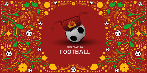 The ball in the hat-ear flaps. Wallpaper on the theme of football. Background with soccer balls and Russian folk pattern.