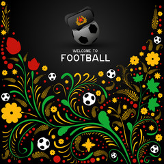 The ball in the hat-ear flaps. Wallpaper on the theme of football. Background with soccer balls and Russian folk pattern.
