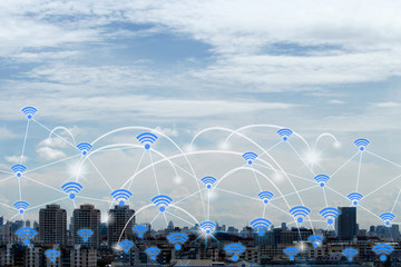 Wifi icons and cityscape network, Internet of global business concept