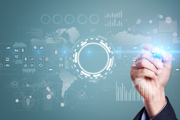 Internet, Business and technology concept. Icons, diagrams and graphs background on virtual screen.