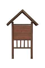 Brown wooden sign post with roof like house for information banner