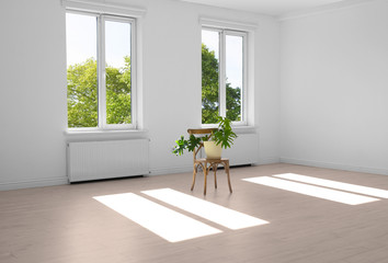 Living room interior with window and houseplant on chair