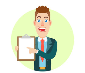 Businessman pointing at clipboard