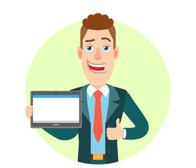 Businessman holding tablet PC and showing thumb up